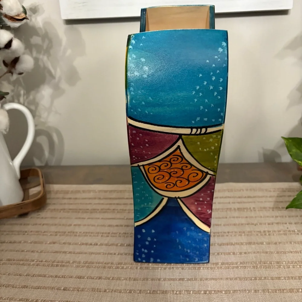 Kakadu Handmade Painted Wooden Vase/Vessel made in Israel
